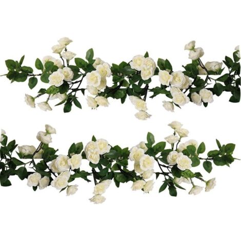 Lot de 2 guirlandes de roses artificielles suspendues (1,78 m chacune), 69 petites roses blanches, pour la maison, les fêtes et le jardin.