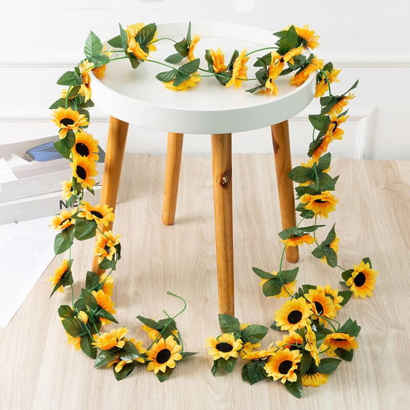 Lot de 2 guirlandes de tournesols artificiels de 223 cm de long, fleurs artificielles en soie avec feuilles vertes pour décoration de table de