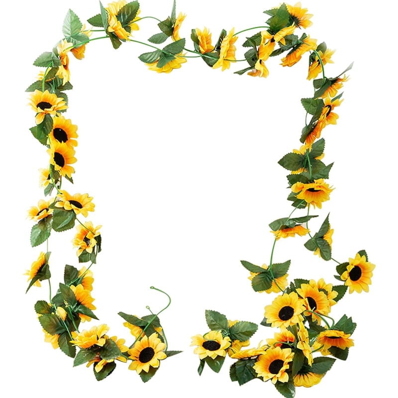 Lot de 2 guirlandes de tournesols artificiels – Guirlande de fleurs artificielles en soie avec feuilles vertes pour décoration de table de mariage,