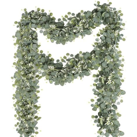 Lot de 2 guirlandes d'eucalyptus artificielles - 180 cm - Feuilles blanches à suspendre - Vert - Eucalyptus - Décoration florale - Plante artificielle - Pour mariage, fête, cadre de porte
