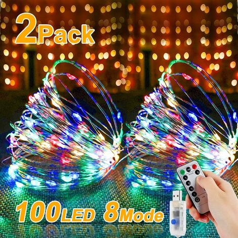 Lot de 2 guirlandes lumineuses LED 10 m 100 LED USB avec interrupteur, fil de cuivre, guirlande lumineuse pour chambre, intérieur, Noël, extérieur, fête, mariage, etc. multicolore