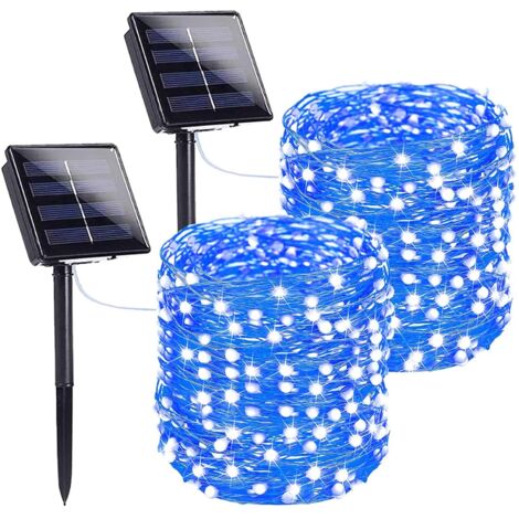 Lot de 2 guirlandes lumineuses solaires d'extérieur, 20 m, 200 LED, alimentées par l'énergie solaire, étanches, 8 modes, fil de cuivre, pour Noël, terrasse, fête, arbre, décoration de jardin (bleu)