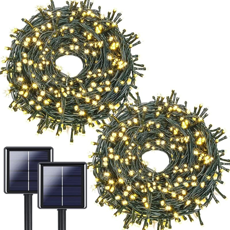 Lot de 2 guirlandes lumineuses solaires d'extérieur de 200 led de 80 pieds, étanches, 8 modes, lumières solaires d'extérieur pour arbre, fil vert,