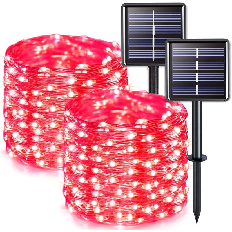 Lot de 2 guirlandes lumineuses solaires d'extérieur, fil de cuivre, étanches, 12 mètres par guirlande, 100 LED (lumière rouge)