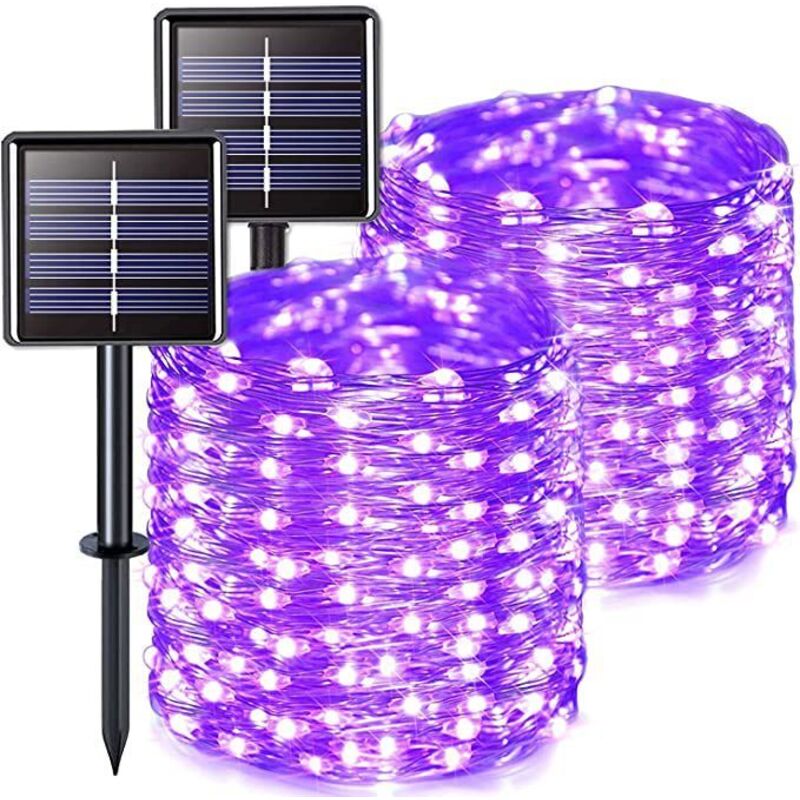 Lot de 2 guirlandes lumineuses solaires d'extérieur, fil de cuivre, étanches, 12 mètres par guirlande, 100 LED (lumière violette)