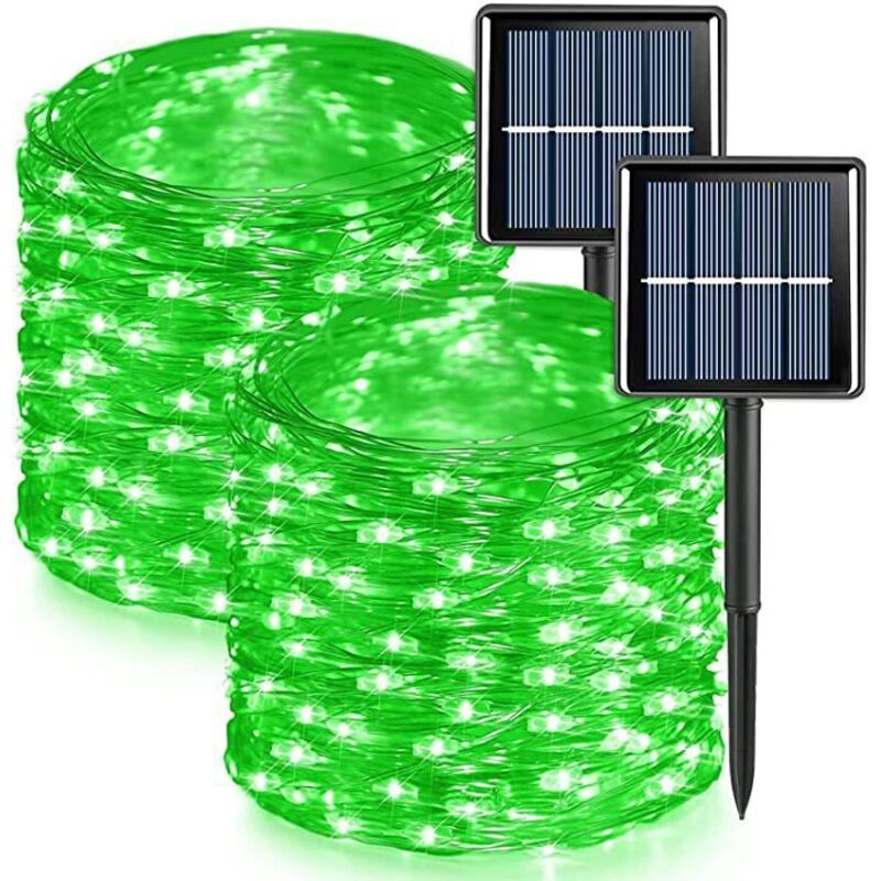 Lot de 2 guirlandes lumineuses solaires d'extérieur, fil de cuivre, étanches, 22 mètres par guirlande, 200 LED (lumière verte)
