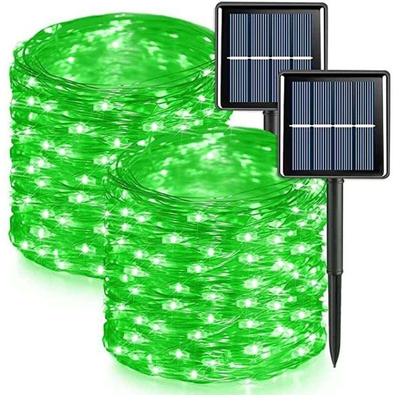 Lot de 2 guirlandes lumineuses solaires d'extérieur, fil de cuivre, étanches, 32 mètres par guirlande, 300 LED (lumière verte)