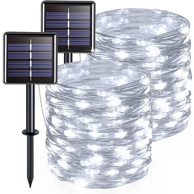 Lot de 2 guirlandes lumineuses solaires d'extérieur, fil de cuivre, étanches, 7 mètres par guirlande, 50 LED (lumière blanche)