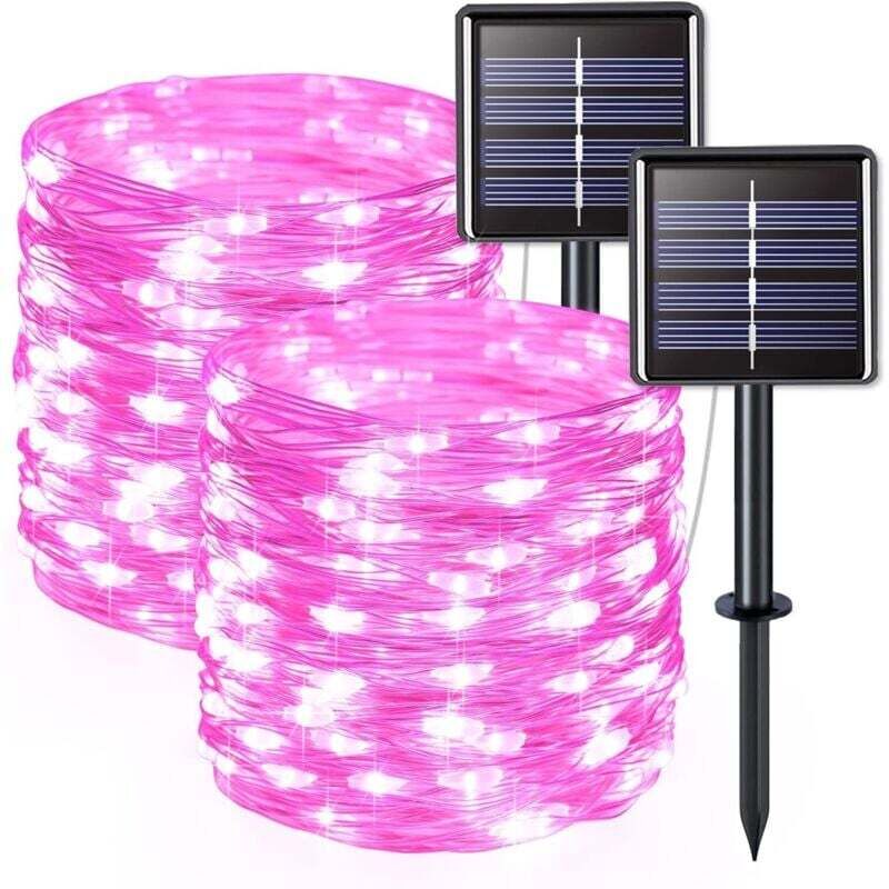 Lot de 2 guirlandes lumineuses solaires d'extérieur, fil de cuivre, étanches, 7 mètres par guirlande, 50 LED (lumière rose)