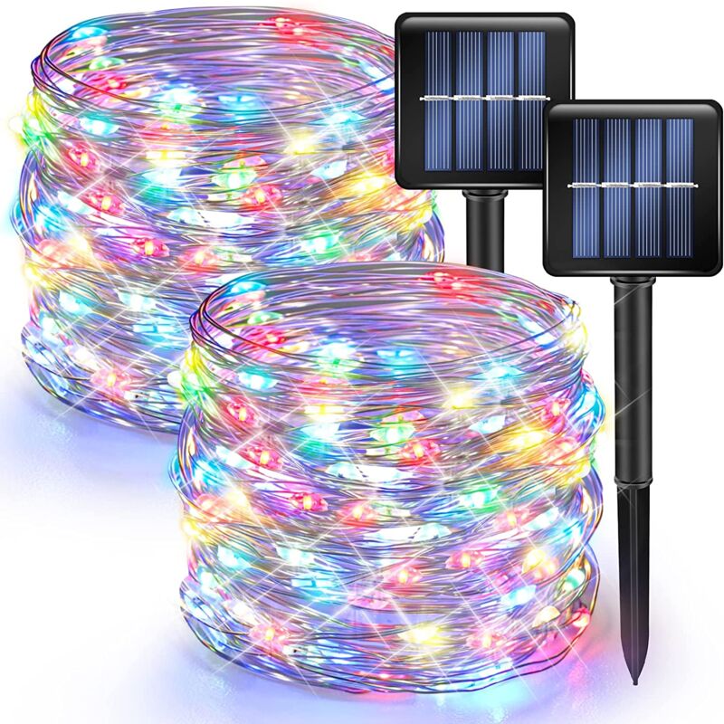 Lot de 2 guirlandes lumineuses solaires d'extérieur, 20 m, 200 led, alimentées par l'énergie solaire, étanches, 8 modes, fil de cuivre, pour Noël,