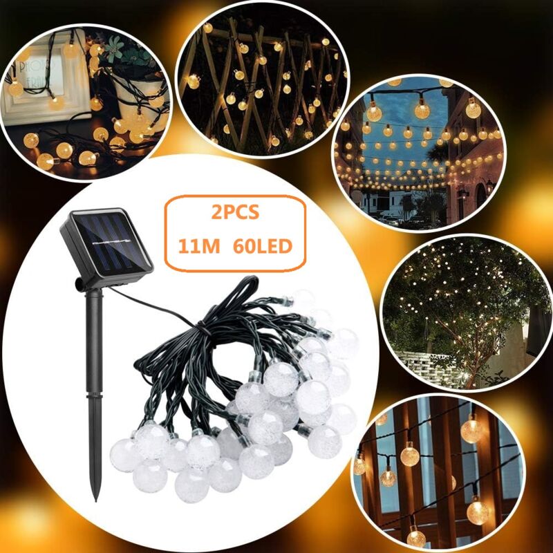 Lot de 2, guirlandes solaires 11M 60 led, guirlandes solaires extérieures 11M 60 led, 8 modes, adaptées au jardin, Noël, mariage, fête couleur