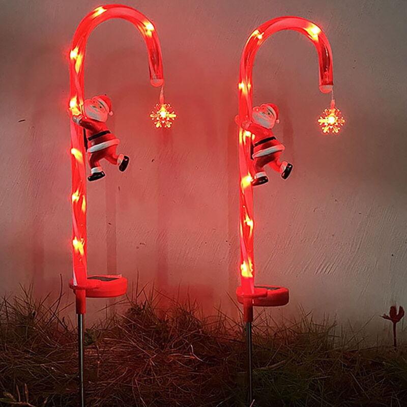 Lot de 2 guirlandes solaires de Noël en forme de canne à sucre, lumières rouges, éclairage d'extérieur, marqueurs d'allée avec piquets pour