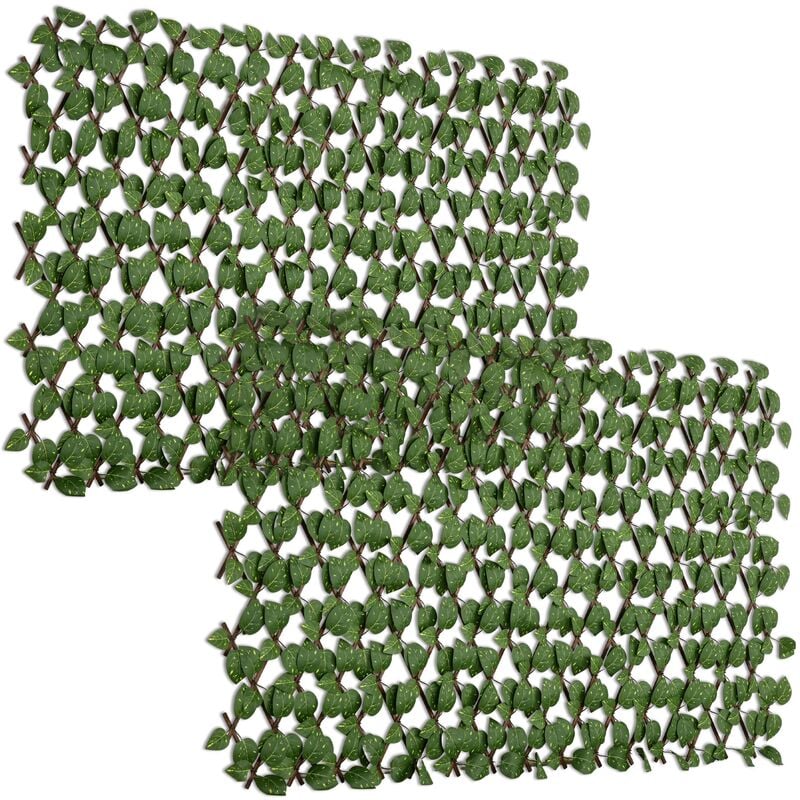 Lot de 2 haies artificielles feuilles de radis - treillis extensibles - brise-vue canisse végétale feuillage réaliste 2L x 1H m pe marron vert - Vert