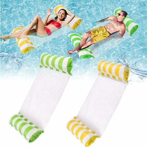 Lot de 2 Hamac Gonflable Piscine，4-en-1 Gonflables pour piscine (selle, fauteuil, hamac, drifter) hamac d'eau, Flottant Chaise Longue pour Adultes et Enfants. (Vert + Jaune)