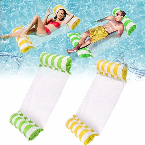 Lot de 2 Hamac Gonflable Piscine，4-en-1 Gonflables pour piscine (selle, fauteuil, hamac, drifter) hamac d'eau, Flottant Chaise Longue pour Adultes et Enfants. (Vert + Jaune)