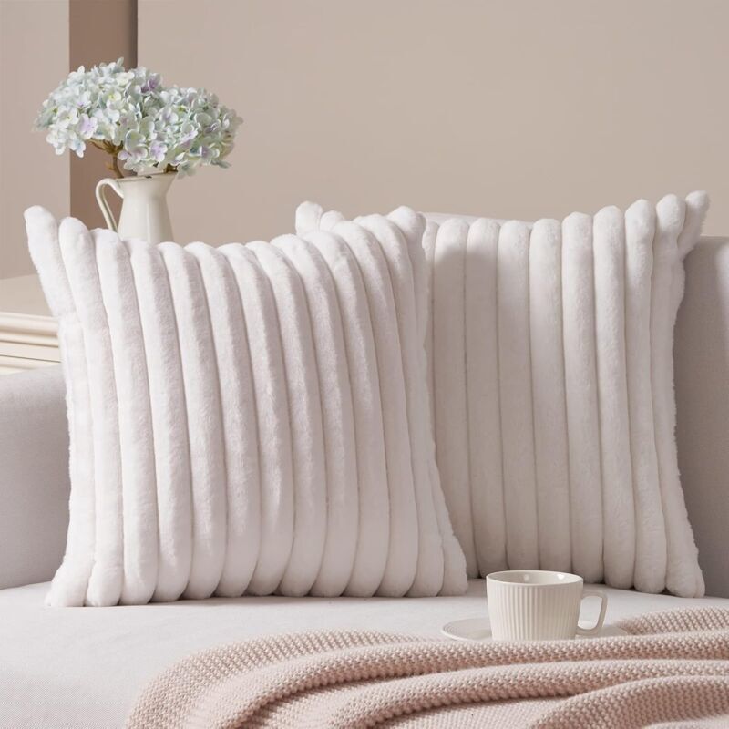 Lot de 2 Housse de Coussin 40x40 Fausse Fourrure Doux Décor Canapé Taie d'oreiller Blanc Décorative Salon Chambre Lit