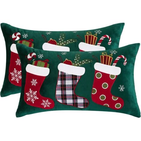 Lot de 2 Housse de Coussin Noel 30x50 cm Taie d'oreiller Père Noël Joyeux Xmas en Hiver Parure de Oreiller Chaussettes Motif Décoration de Lit Deco pour Chambres Canapé