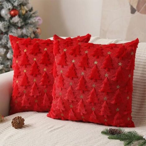 Lot de 2 Housse de Coussin Noel en en Fausse Fourrure, 45 x 45 cm, Motif Sapin de Noël, Taie d'oreiller Decoratif Noël, Décoration d'intérieur pour Chambre à Coucher, Canapé (A-Rouge)