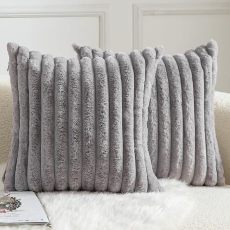Lot de 2 Housse de coussin Rayures Fausse fourrure 45x45 cm Doux Salon Chambre Canapé Gris