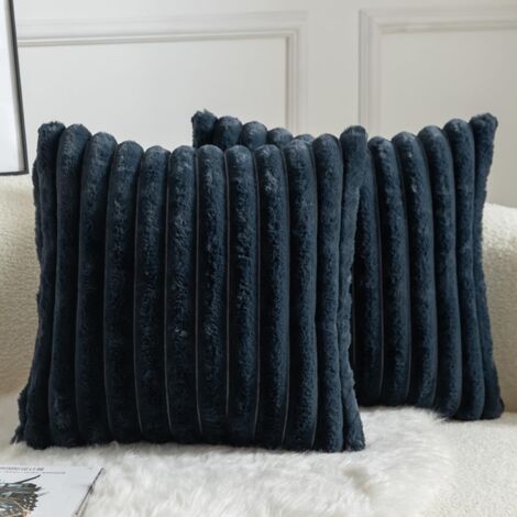 Lot de 2 Housse de coussin Rayures Fausse fourrure Velours Fermeture éclair Salon Chambre 40x40 cm Bleu