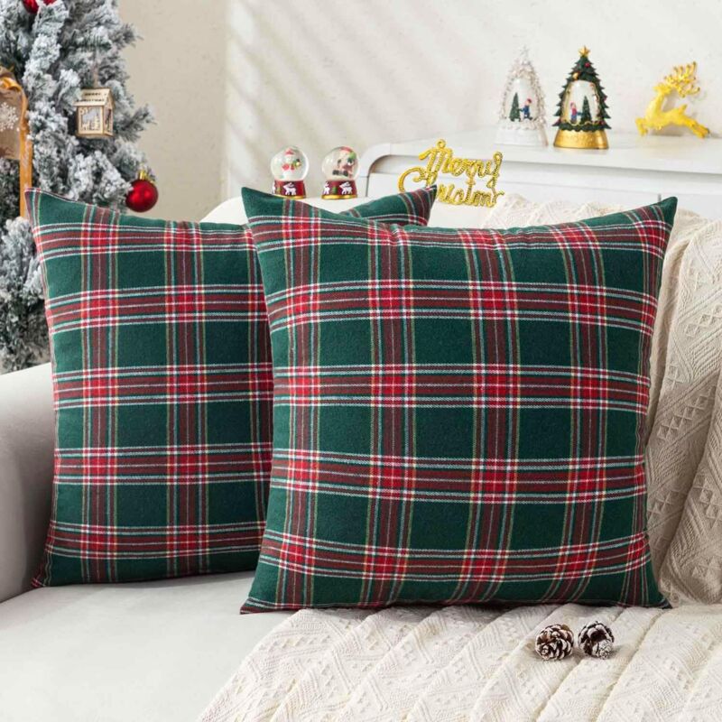 Lot de 2 housses coussin Noël tartan rouge vert 45x45 cm, motif écossais