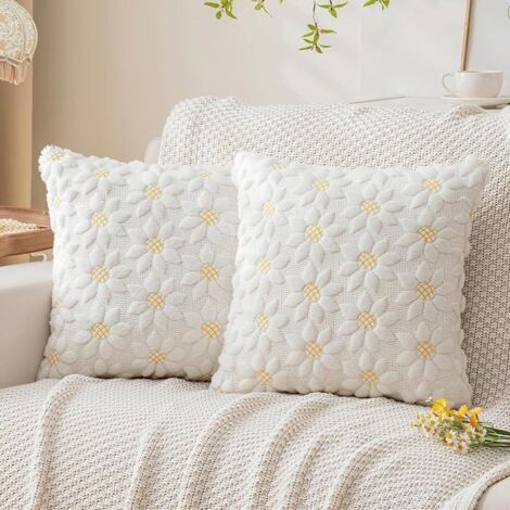 Lot de 2 Housses de Coussin 45 x 45 cm à Motif Marguerites Blanches avec Taies d'Oreiller en Fausse Fourrure Douce - Décoration Jacq
