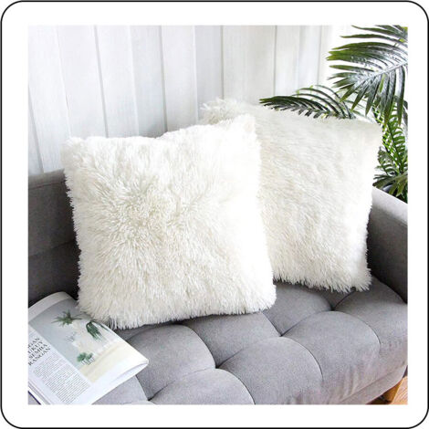 Lot de 2 housses de coussin 45 x 45 cm, fausse fourrure blanche