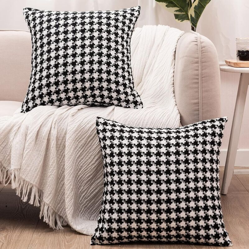 Lot de 2 housses de coussin 45 x 45 cm - Noir - Motif pied-de-poule - Décoration avec fermeture éclair cachée(sans oreiller)