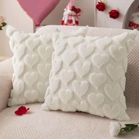 Lot de 2 housses de coussin 45 x 45 cm,blanc crème, cœur, en peluche douce et fausse fourrure jacquard, pour canapé, chambre à coucher