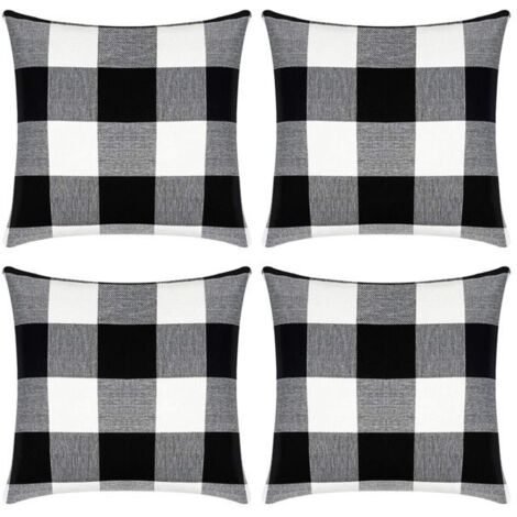 Lot de 2 housses de coussin à carreaux pour coussin carré d'extérieur de style ferme en coton et lin noir et blanc - 4
