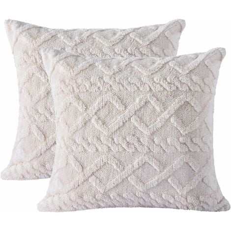 Lot de 2 housses de coussin beiges en peluche crème douce 45 x 45 cm, taies d'oreiller carrées de style bohème avec taies d'oreiller courtes et mouses en fausse laine pour canapé, chambre à coucher, s