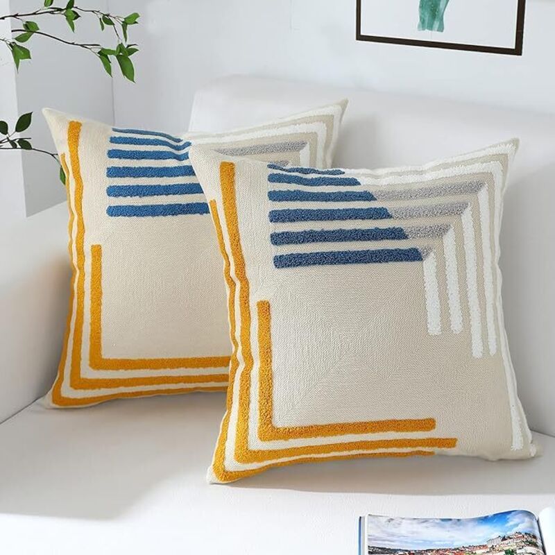 Lot de 2 Housses de Coussin Bohème 45x45 cm, Motif Géométrique Brodé Bleu & Jaune, Décoration Moderne pour Canapé, Lit, Salon, Extérieur