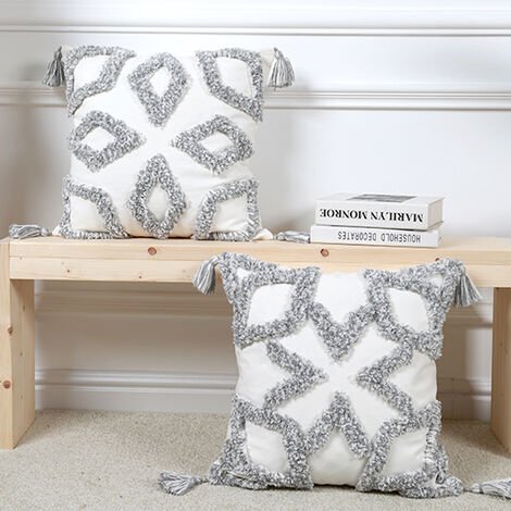Lot de 2 housses de coussin décoratives Boho blanc gris, taie d'oreiller en velours tufté tissé super doux avec pompon motif de ligne de vague classique oreiller de sol d'automne pour canapé voiture (