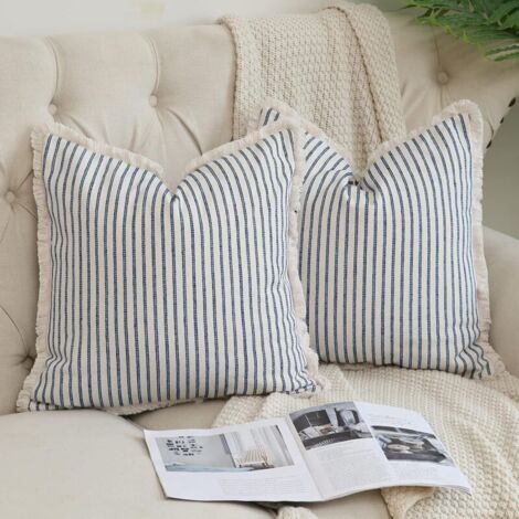 Lot de 2 housses de coussin décoratives carrées à rayures avec franges en coton chic pour canapé, lit, salon, décoration de style ferme, 50 x 50 cm