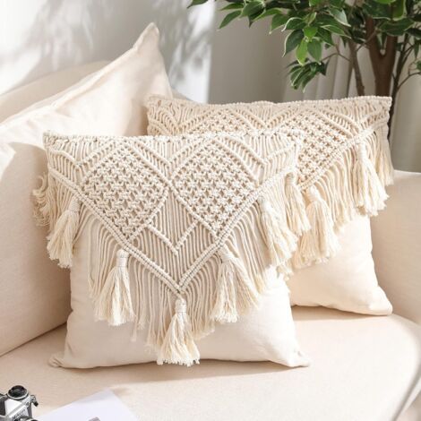Lot de 2 housses de coussin décoratives carrées tissées en de style bohème pour lit, canapé, banc, voiture, décoration d'intérieur, taies d'oreiller carrées confortables avec pompons (45 x45)