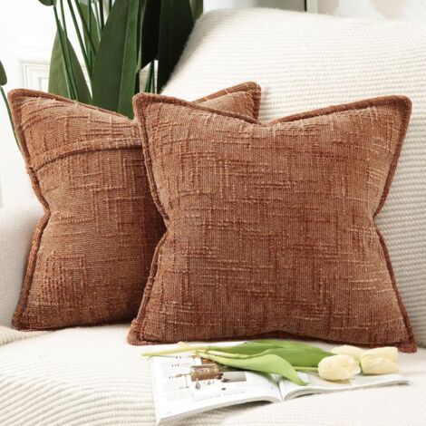 Lot de 2 housses de coussin décoratives en chenille z, 45 x 45 cm, pour canapé, fauteuil, style bohème, coussin décoratif pour lit, marron.