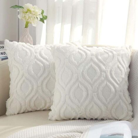 Lot de 2 housses de coussin décoratives en fausse fourrure blanche crème 45 x 45 cm