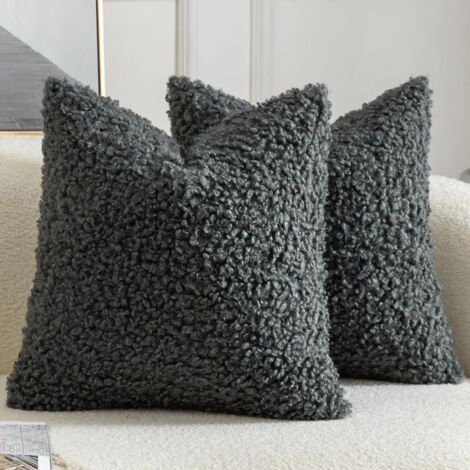 Lot de 2 housses de coussin décoratives en fausse fourrure de sherpa, taies d'oreiller pelucheuses et douces, en peau de mouton, pour canapé, sofa, lit, salon, 45 x 45 cm, gris