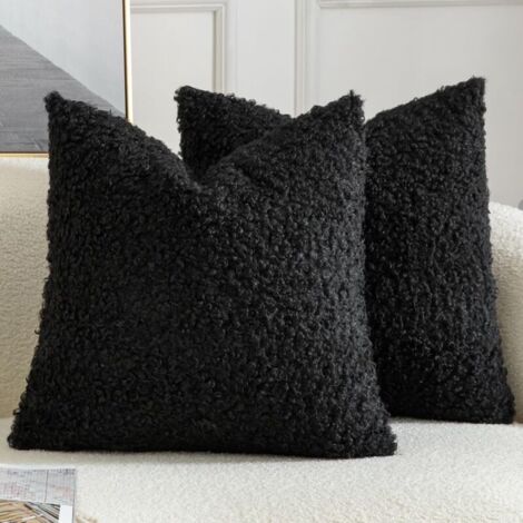 Lot de 2 housses de coussin décoratives en fausse fourrure de sherpa, taies d'oreiller pelucheuses et douces, en peau de mouton, pour canapé, sofa, lit, salon, 45 x 45 cm, noir