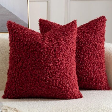 Lot de 2 housses de coussin décoratives en fausse fourrure de sherpa, taies d'oreiller pelucheuses et douces, en peau de mouton, pour canapé, sofa, lit, salon, 45 x 45 cm, rouge