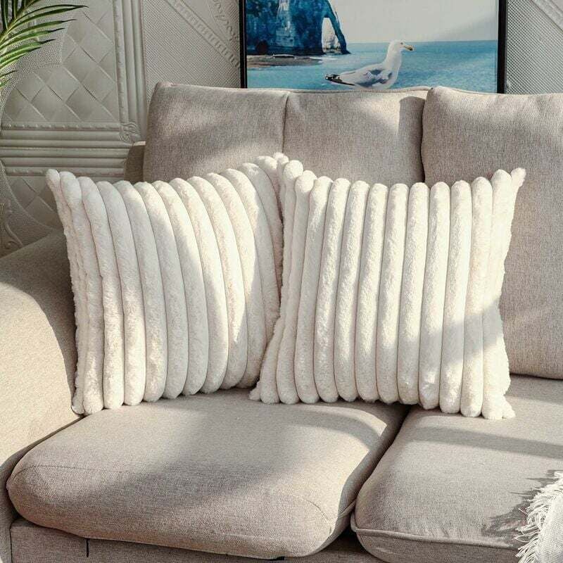 Lot de 2 housses de coussin décoratives en fausse fourrure en peluche à rayures floues taies d'oreiller douces pour canapé canapé chambre 50 x 50cm