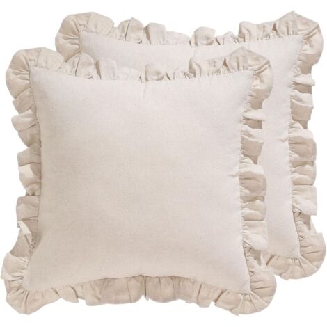 Lot de 2 housses de coussin décoratives en lin style shabby chic, à volants, carrées et unies, pour canapé, lit, salon