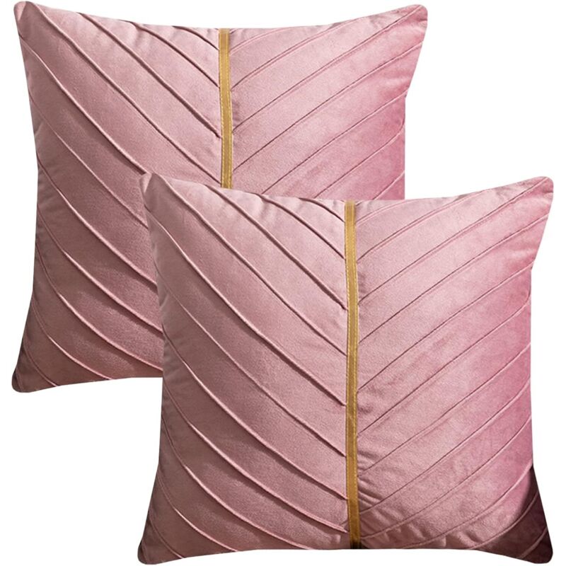 Lot de 2 housses de coussin décoratives en velours rose texturé uni, 45x45 cm, pour canapé, salon.