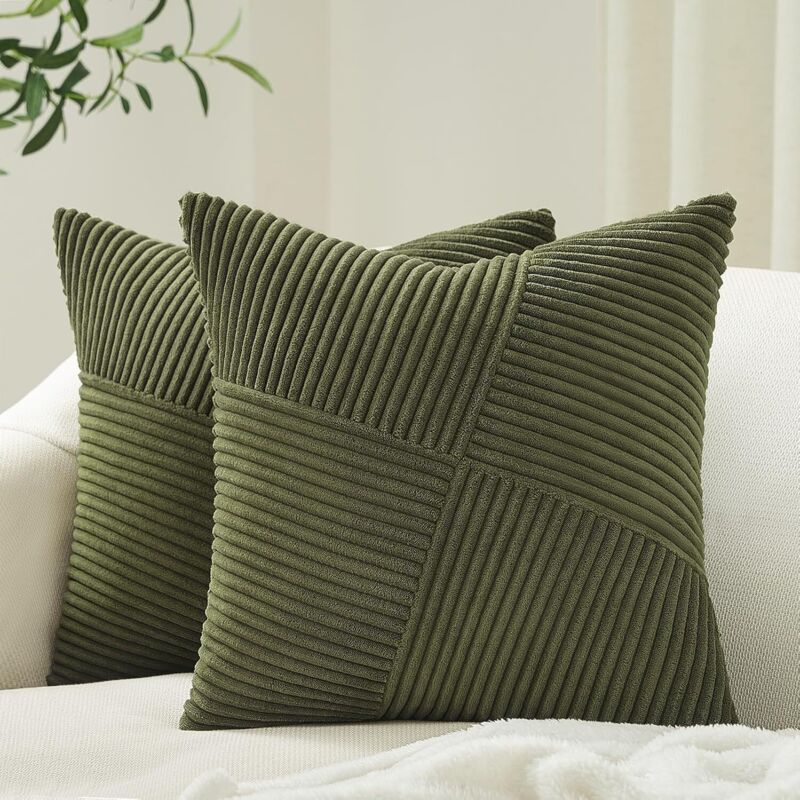 Lot de 2 housses de coussin décoratives vert olive 45 x 45 cm pour canapé-lit Boho Home Decor doux velours côtelé patchwork motif à rayures moulin à