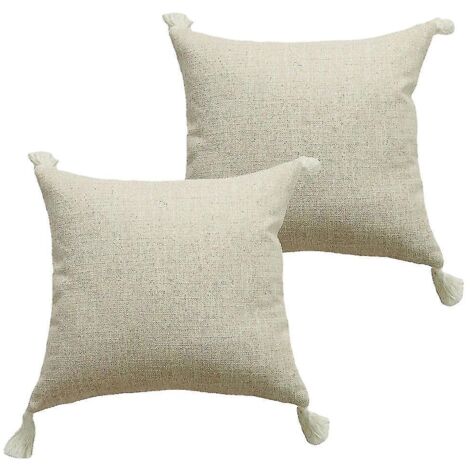 Lot de 2 housses de coussin en coton et chanvre pour canapé, avec pompons, sans âme - blanc