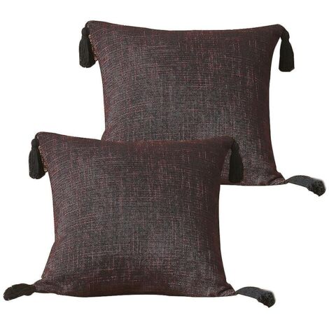 Lot de 2 housses de coussin en coton et chanvre pour canapé, avec pompons, sans garniture - Noir et rouge