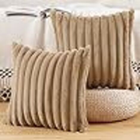 Lot de 2 Housses de Coussin en Peluche en Fausse Fourrure Housse de Coussin décorative Douce à Rayures moelleuses canapé Chameau 50 x 50 cm