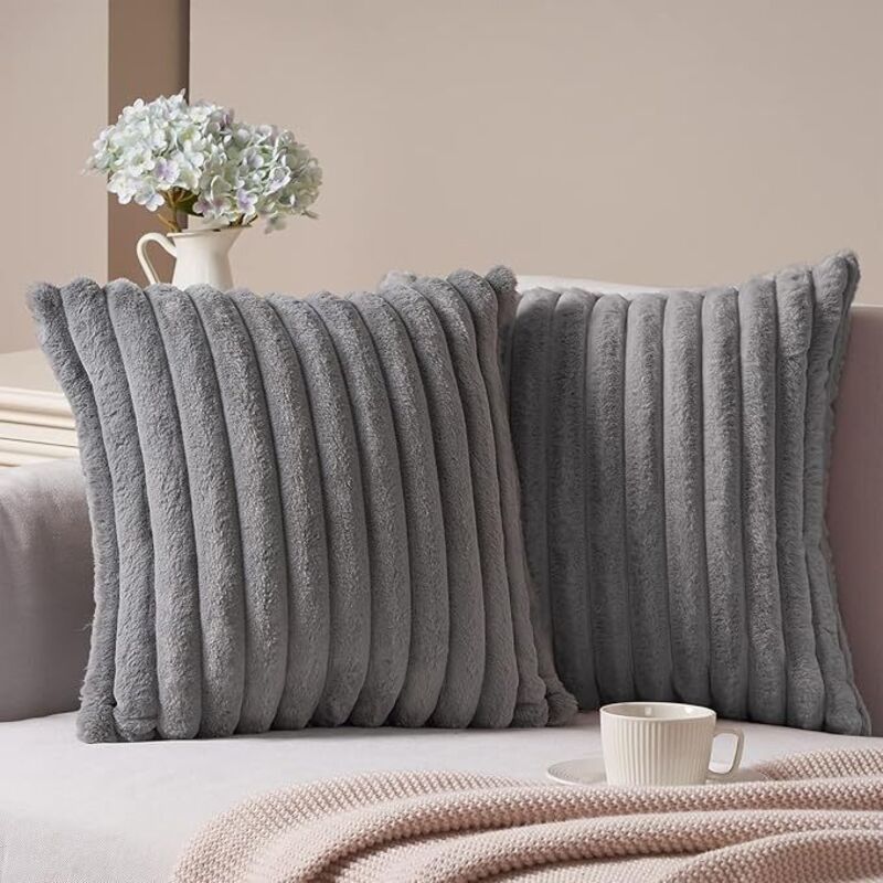 Lot de 2 housses de coussin en velours côtelé gris, moelleuses et douces, 40x40 cm, pour canapé, salon, chambre, lit.