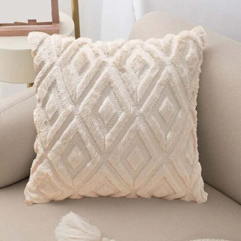 Lot de 2 housses de coussin en velours de laine courte – 45 x 45 cm – Fermeture éclair cachée – Design moderne en forme de diamant beige