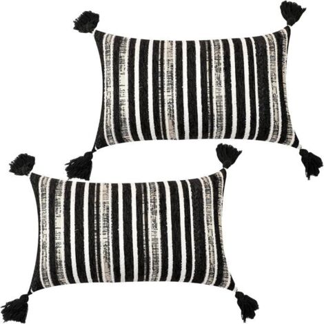 Lot de 2 housses de coussin noires 30 x 50 cm en jacquard rayé avec pompons, une décoration esthétique.